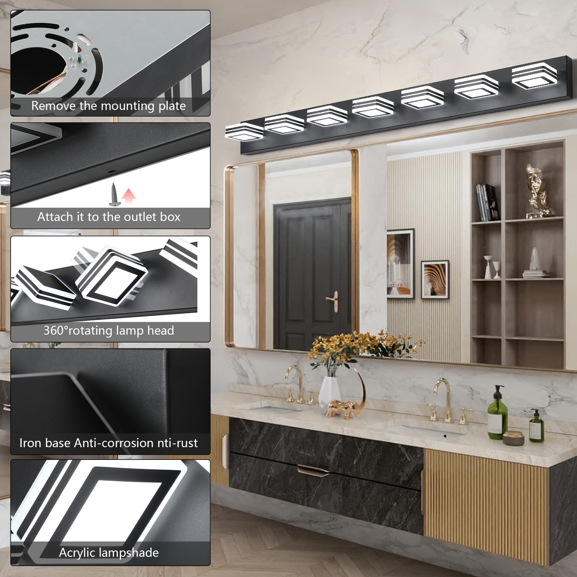 Same As W1340142518 L2005 B 7 Led Modern Black Vanity Lights, 7 Lights Acrylic Matte Black Bathroom Vanity Lights Over Mirror Black Acrylic,Iron