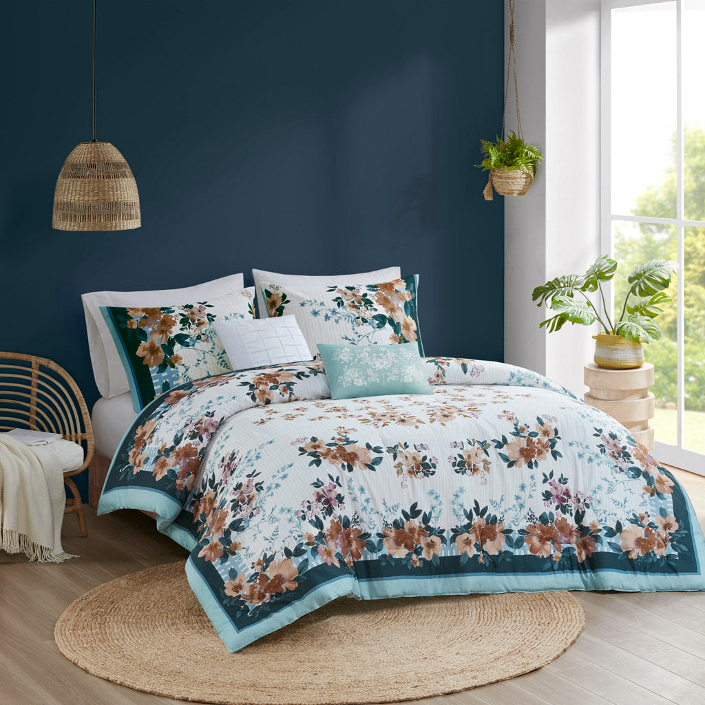 5 Piece Cotton Floral Comforter Set With Throw Pillows Teal Cotton