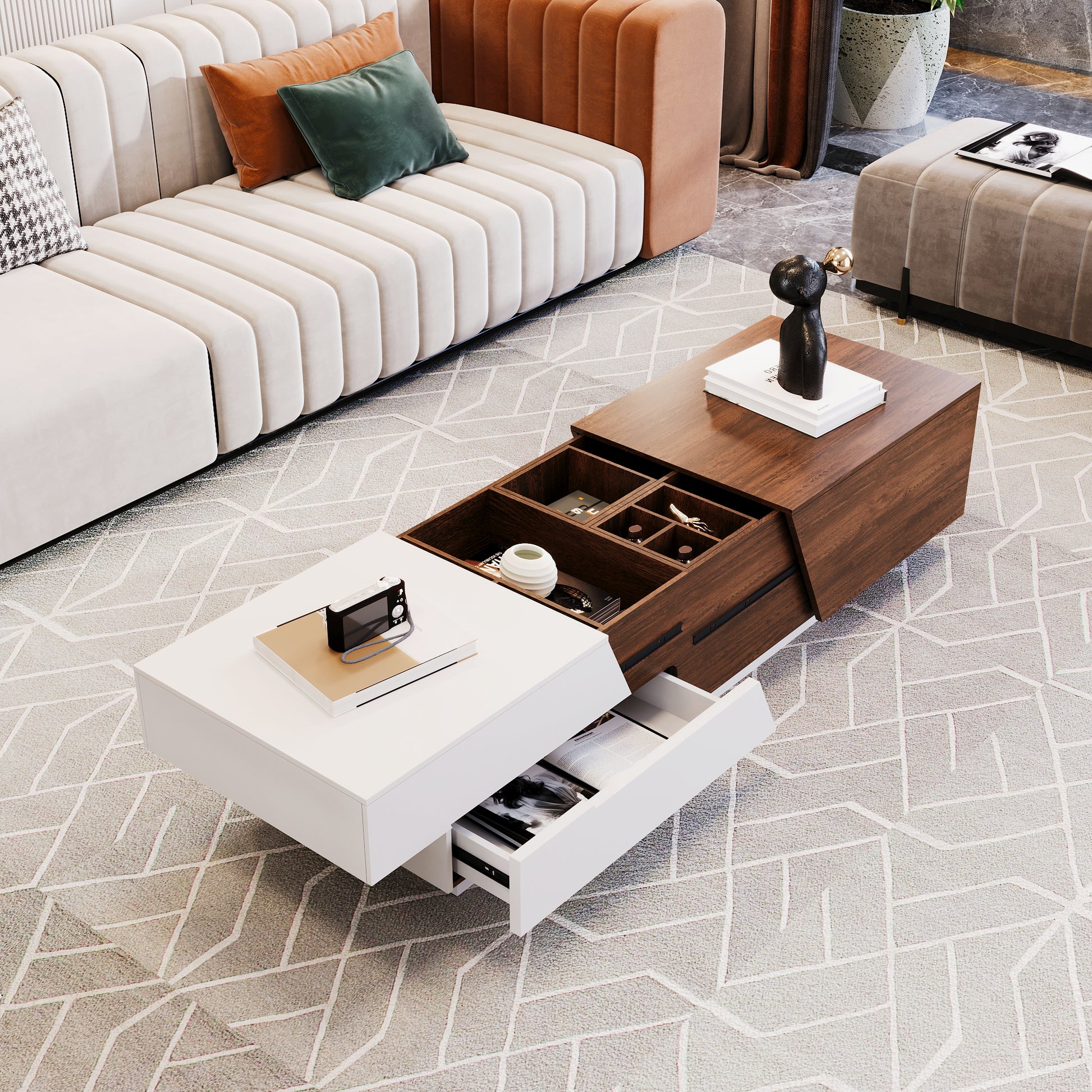 Modern Extendable Sliding Top Coffee Table With Storage In White&Walnut White Walnut Mdf