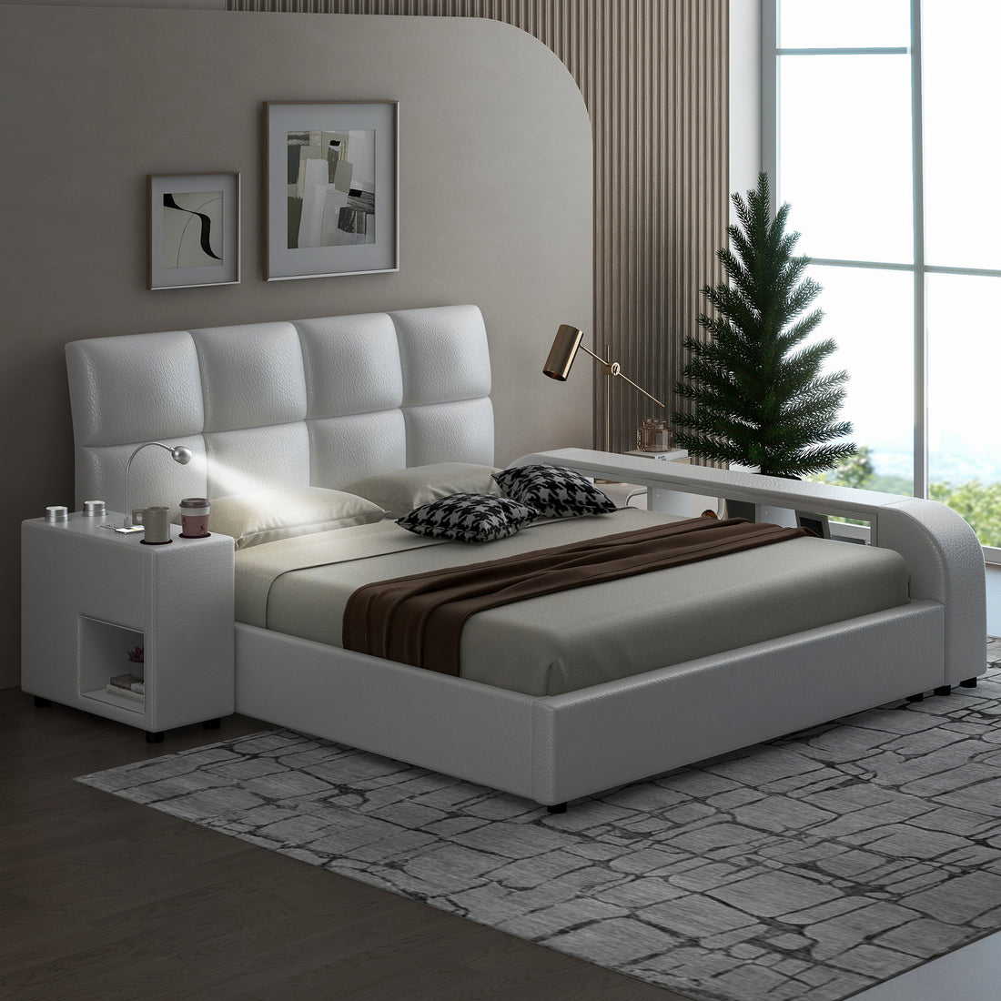 Queen Size Upholstered Platform Bed With Multimedia Nightstand And Storage Shelves, White Box Spring Not Required Queen White Wood Bedroom Bed Frame Faux Leather Upholstered