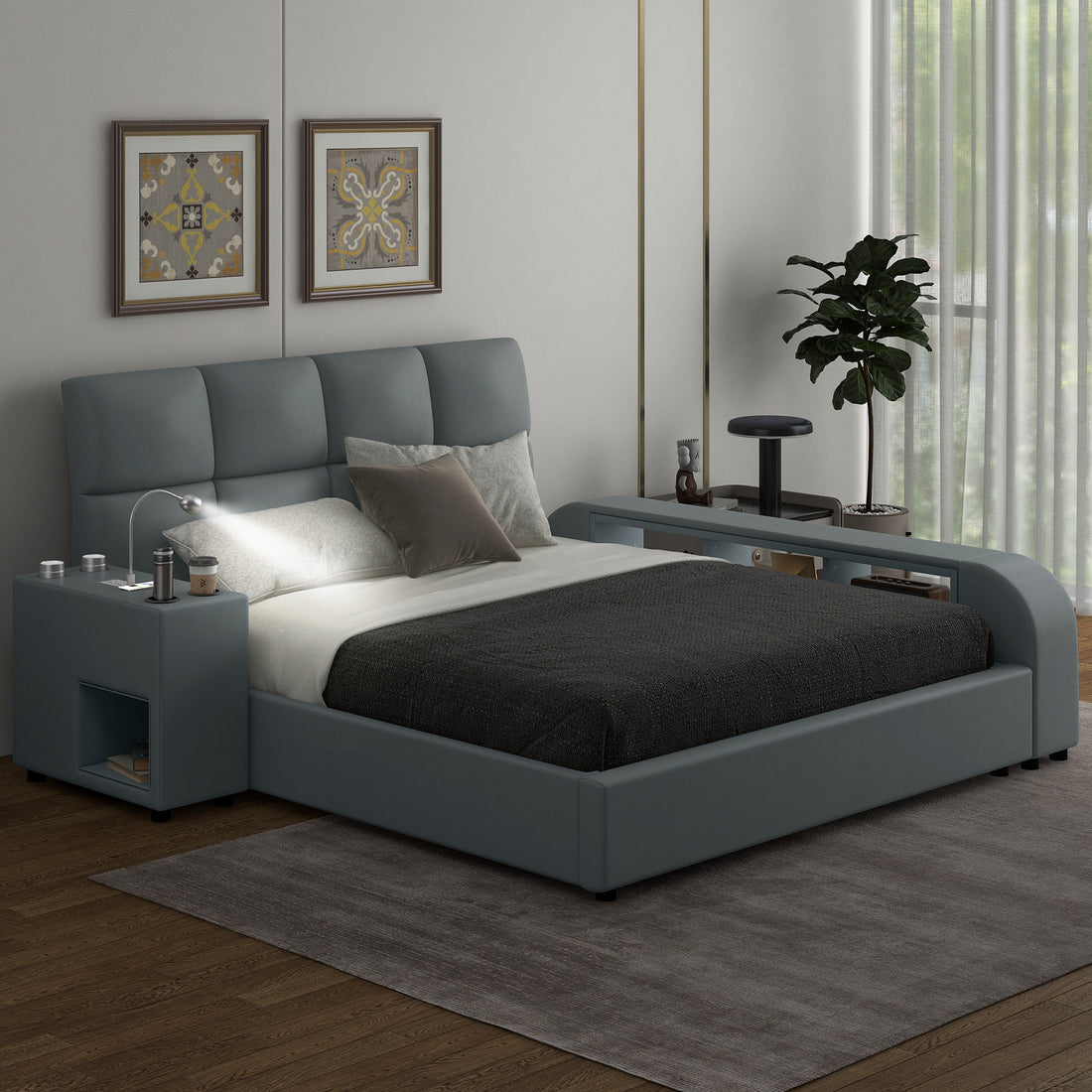 Queen Size Upholstered Platform Bed With Multimedia Nightstand And Storage Shelves, Gray Box Spring Not Required Queen Gray Wood Bedroom Bed Frame Faux Leather Upholstered