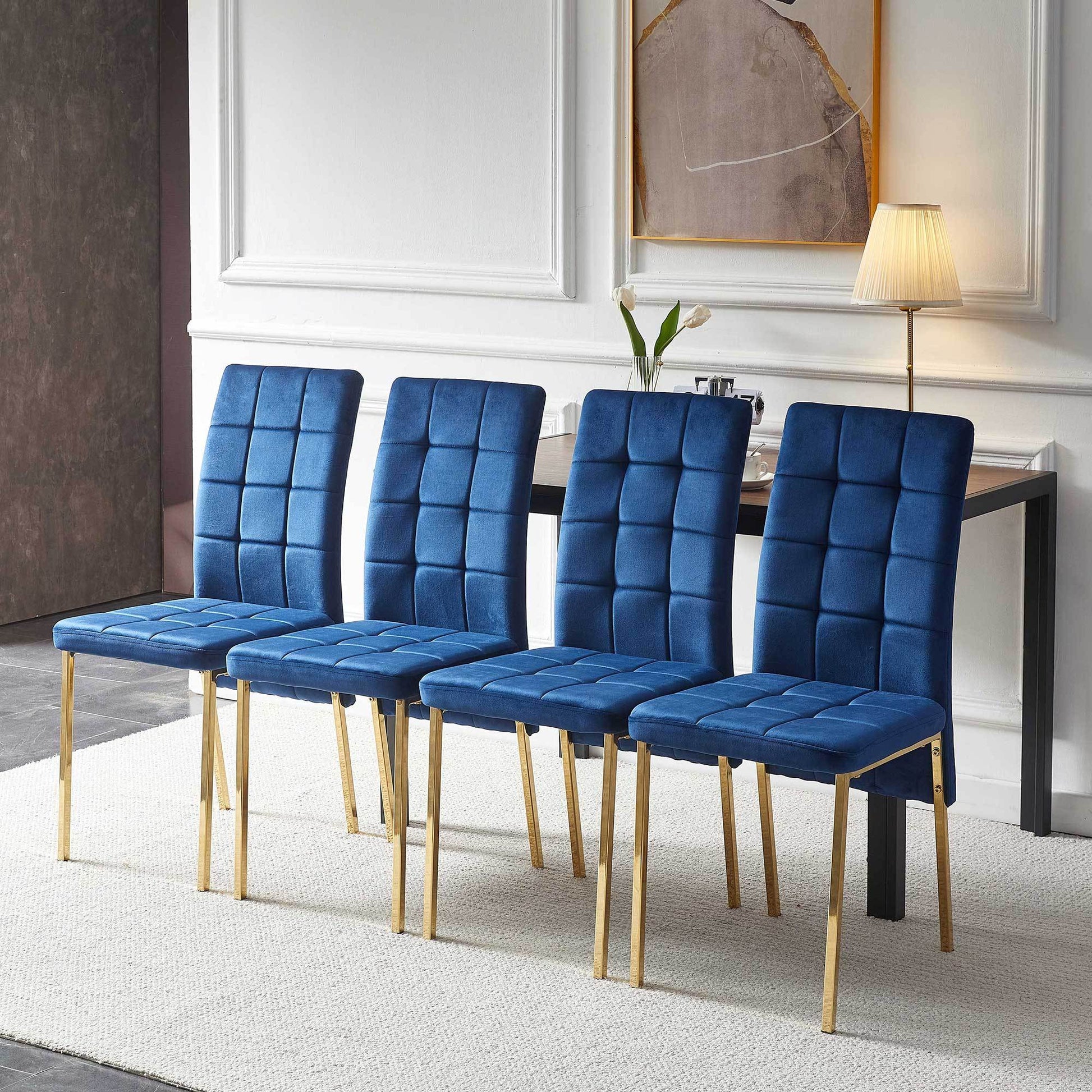 5 Piece Dining Set Including Blue Velvet High Back Golden Color Legs Nordic Dining Chair & Creative Design Mdf Dining Table Metal Blue Seats 4 Brown Metal Dining Room 4 Leg Square Dining Table With Chair Mdf