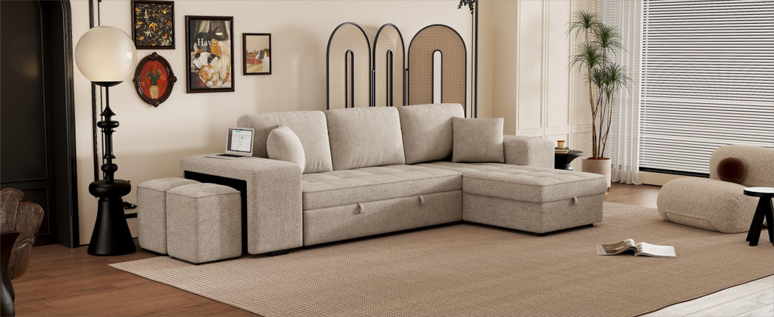 104.5" Modern L Shape 3 Seat Reversible Sectional Couch, Pull Out Sleeper Sofa With Storage Chaise And 2 Stools For Living Room Furniture Set, Cream Cream Foam Chenille 3 Seat