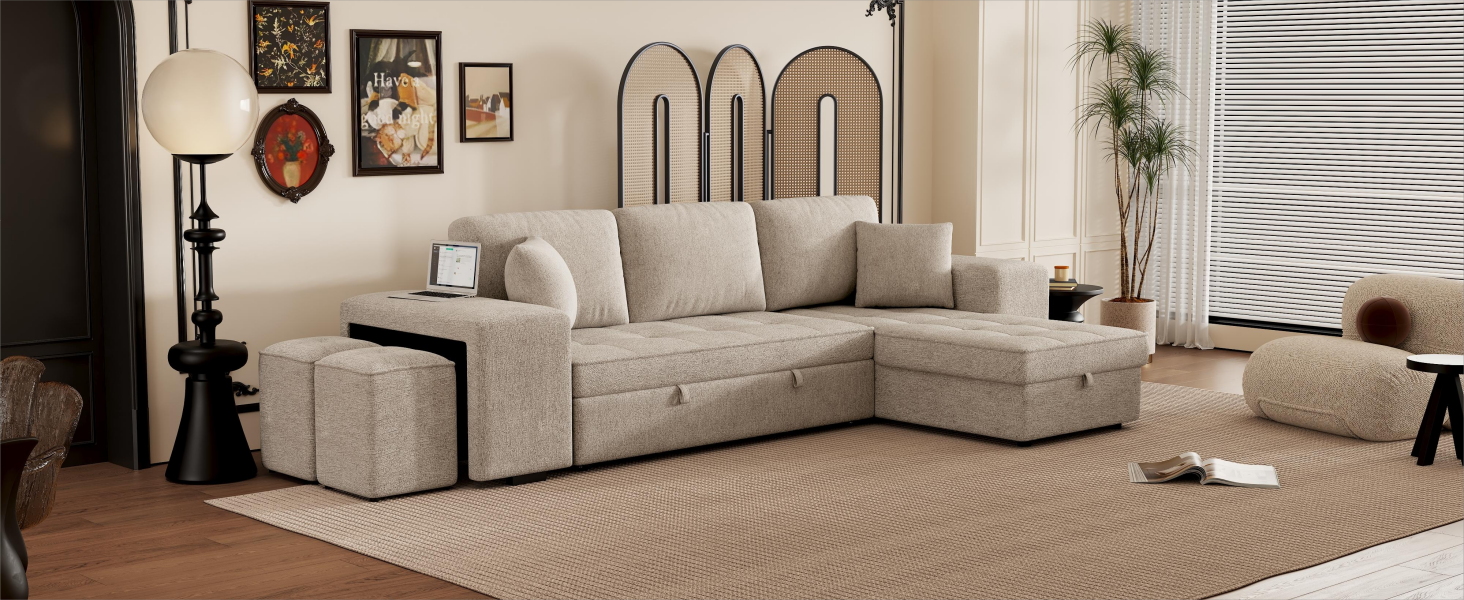 104.5" Modern L Shape 3 Seat Reversible Sectional Couch, Pull Out Sleeper Sofa With Storage Chaise And 2 Stools For Living Room Furniture Set, Cream Cream Foam Chenille 3 Seat