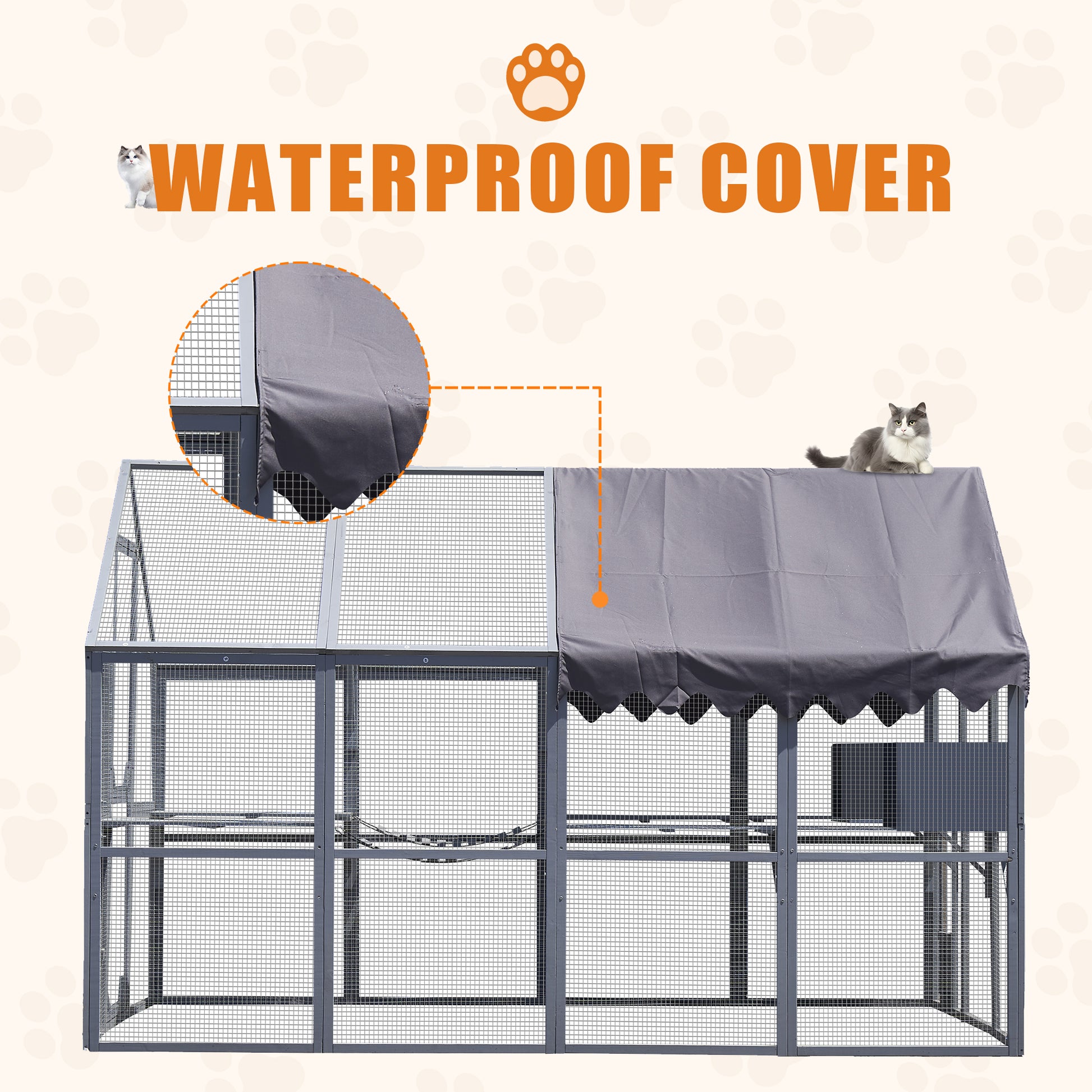 Outdoor Cat House Cat Enclosures 110" Large Kitten Playpen With Platforms,Upgrade Waterproof Cover Grey Blue Grey Metal & Wood