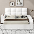 Queen Size Upholstered Platform Bed With Multimedia Nightstand And Storage Shelves, White Box Spring Not Required Queen White Wood Bedroom Bed Frame Faux Leather Upholstered