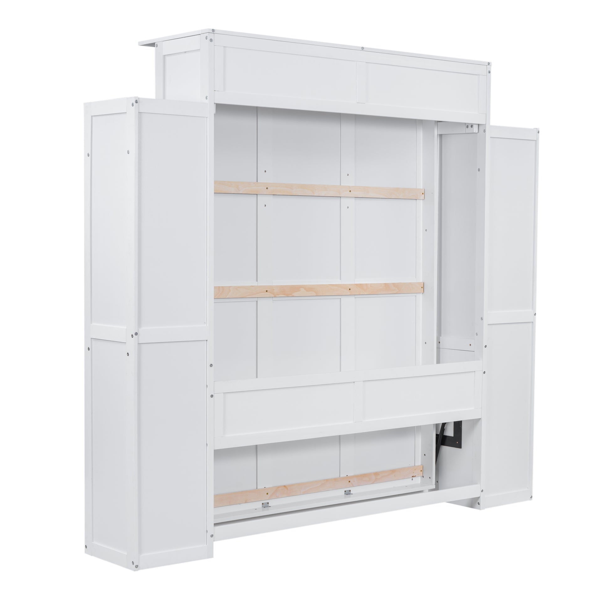 Queen Size Murphy Bed Wall Bed With Shelves And Led Lights,White White Solid Wood Mdf