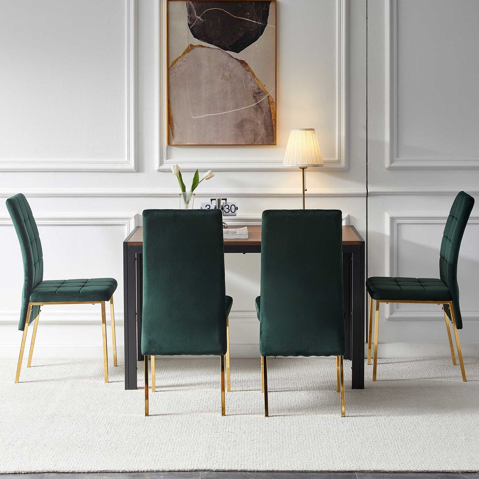 5 Piece Dining Set Including Green Velvet High Back Golden Color Legs Nordic Dining Chair & Creative Design Mdf Dining Table Metal Green Seats 4 Brown Metal Dining Room 4 Leg Square Dining Table With Chair Mdf