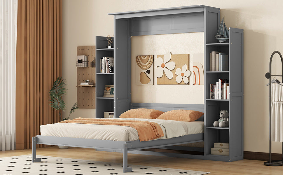 Queen Size Murphy Bed Wall Bed With Shelves And Led Lights,Gray Gray Solid Wood Mdf