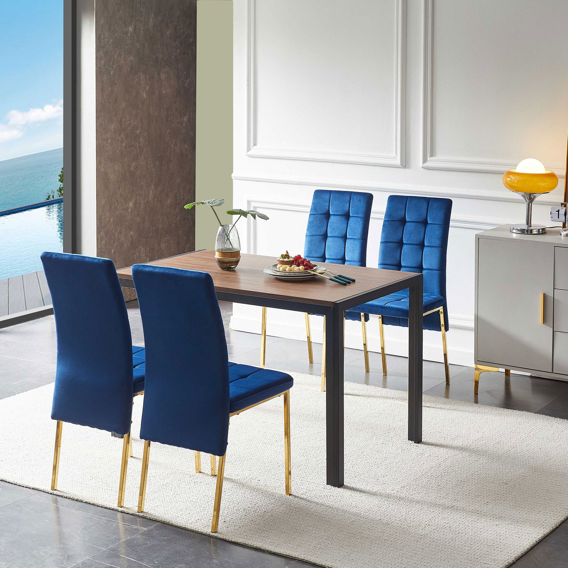 5 Piece Dining Set Including Blue Velvet High Back Golden Color Legs Nordic Dining Chair & Creative Design Mdf Dining Table Metal Blue Seats 4 Brown Metal Dining Room 4 Leg Square Dining Table With Chair Mdf