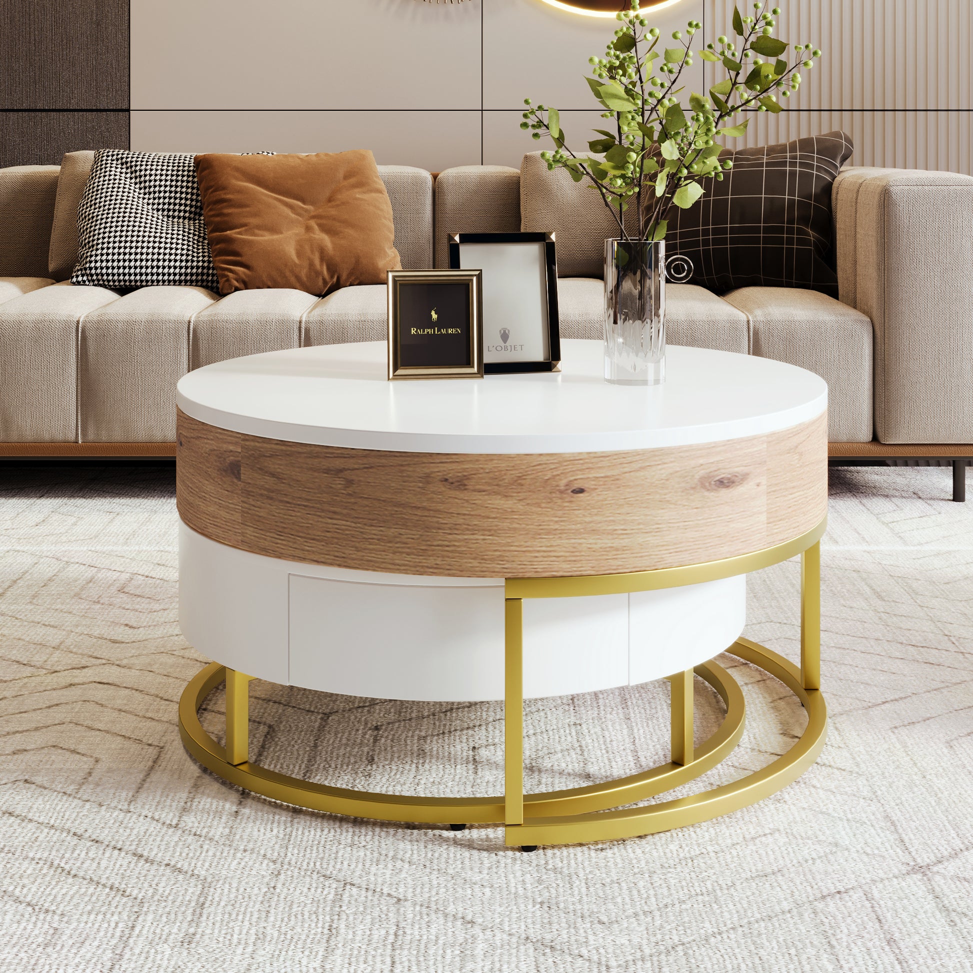 Modern Round Lift Top Nesting Coffee Tables With 2 Drawers White & Natural Oak Natural Wood Antique White Mdf