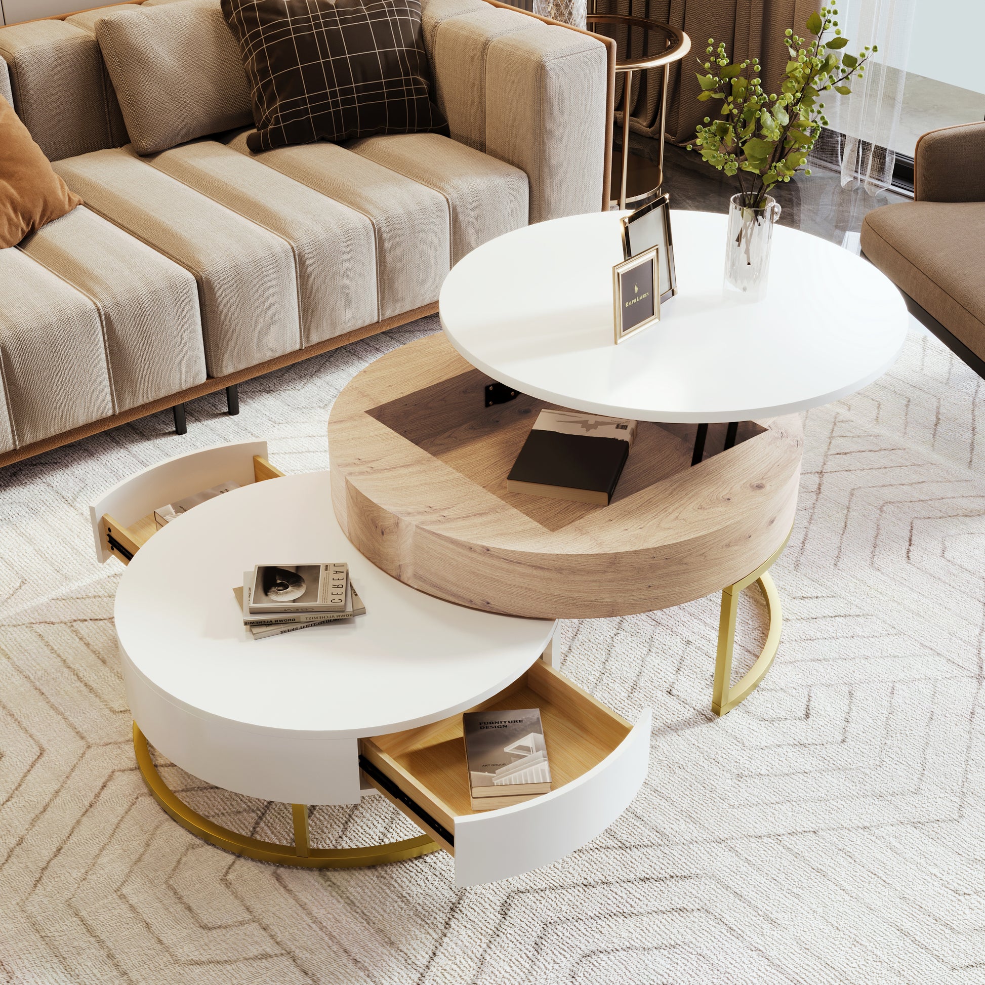 Modern Round Lift Top Nesting Coffee Tables With 2 Drawers White & Natural Oak Natural Wood Antique White Mdf