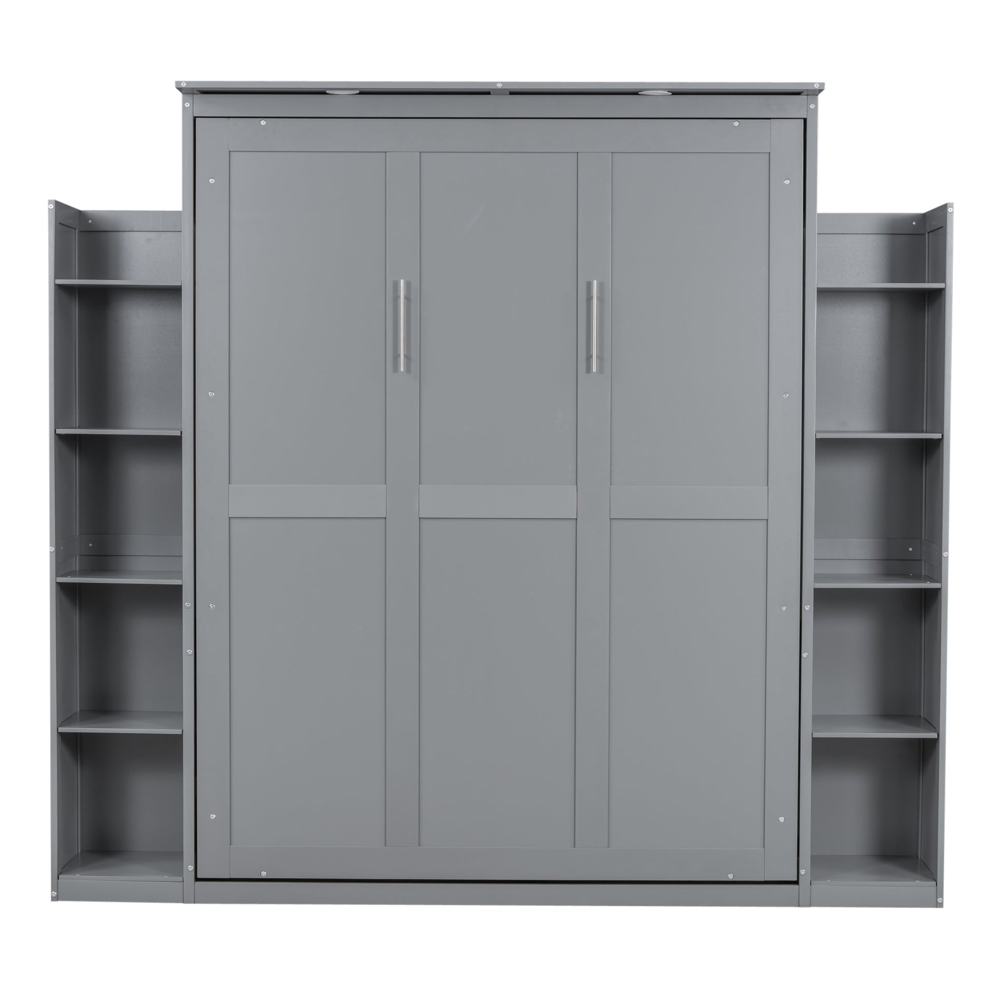 Queen Size Murphy Bed Wall Bed With Shelves And Led Lights,Gray Gray Solid Wood Mdf