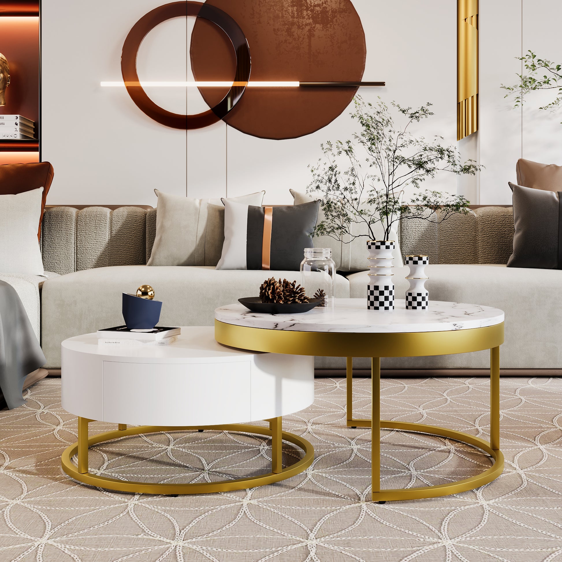 Modern Round Nesting Coffee Table With Drawers In White Golden White Mdf