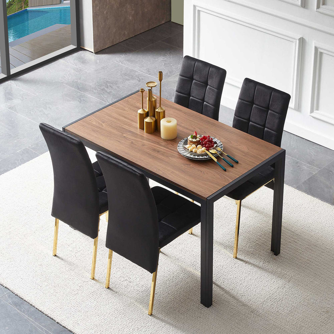 5 Pieces Dining Set Including Black Velvet High Back Golden Color Legs Nordic Dining Chair & Creative Design Mdf Dining Table Metal Black Seats 4 Brown Metal Dining Room 4 Leg Square Dining Table With Chair Mdf