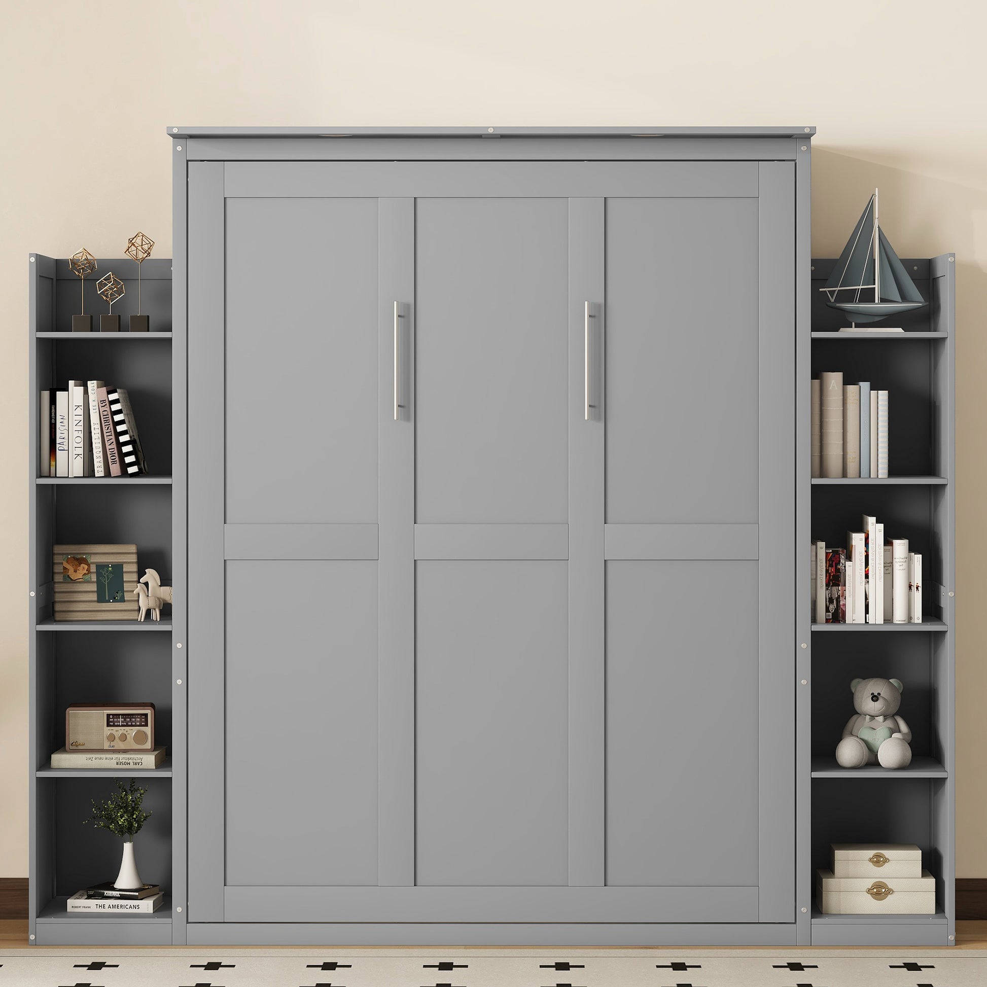 Queen Size Murphy Bed Wall Bed With Shelves And Led Lights,Gray Gray Solid Wood Mdf