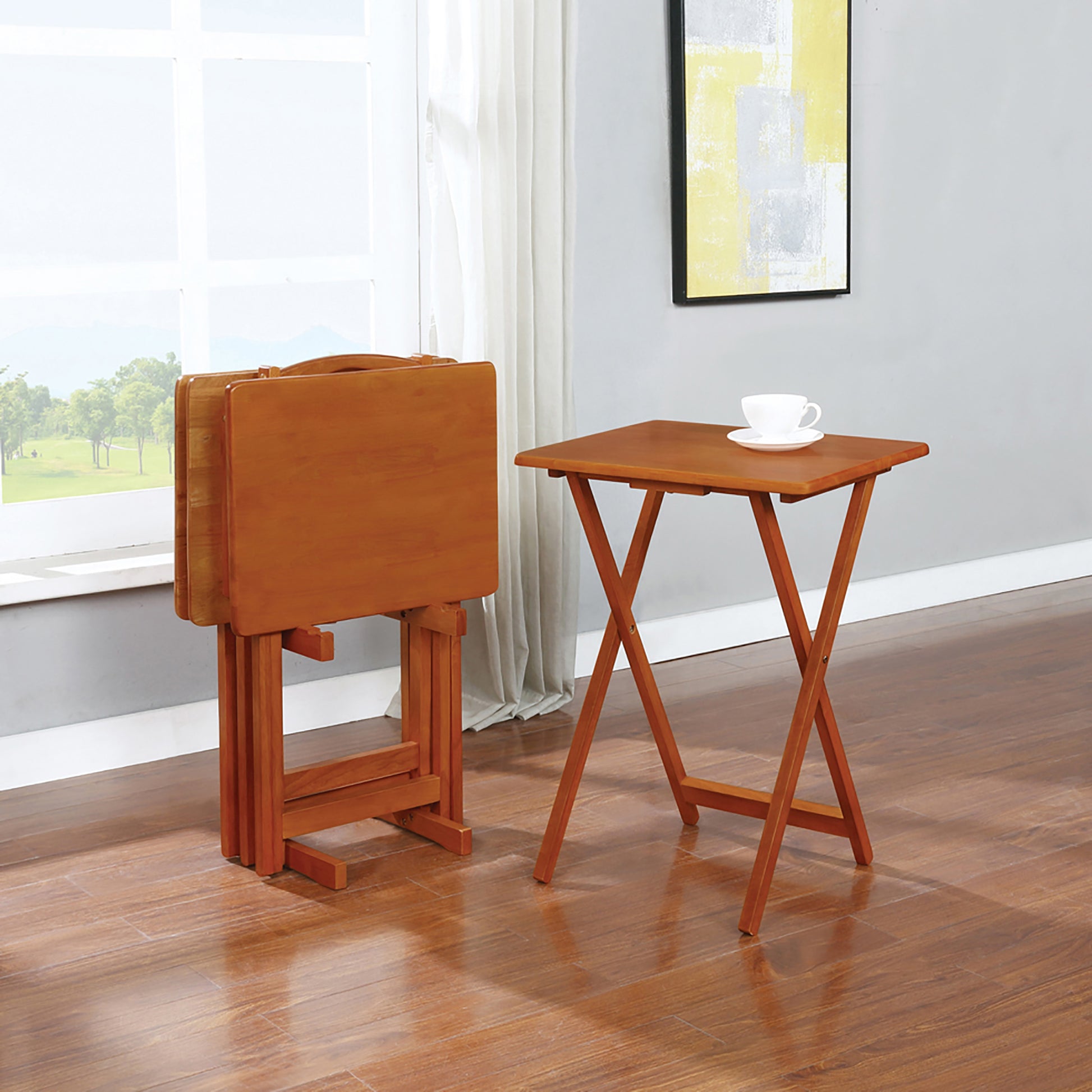 Golden Brown 5 Piece Tray Table Set With Stand Brown Light Brown Folding Primary Living Space Transitional Rubberwood Rectangular Coffee & End Tables Wood