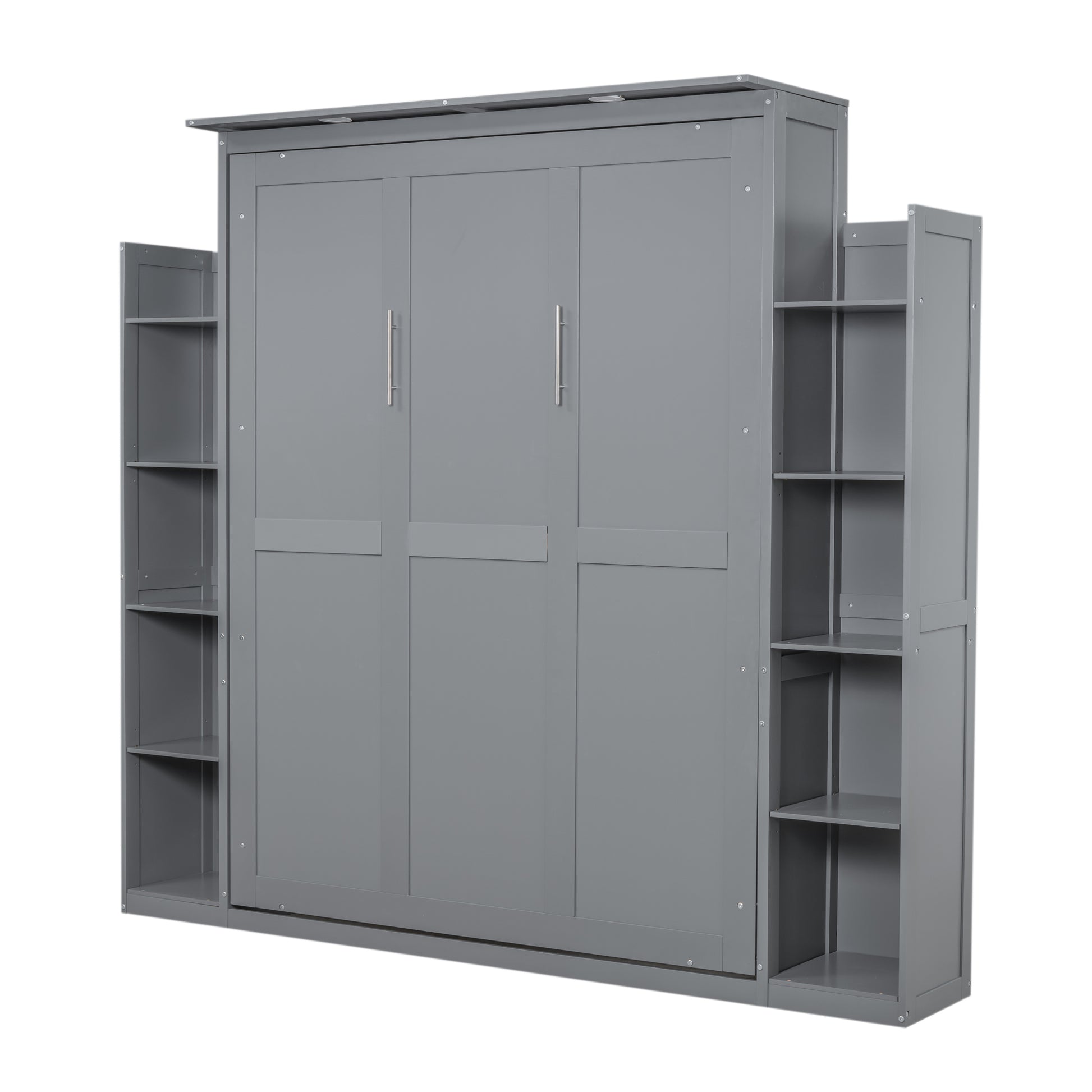 Queen Size Murphy Bed Wall Bed With Shelves And Led Lights,Gray Gray Solid Wood Mdf