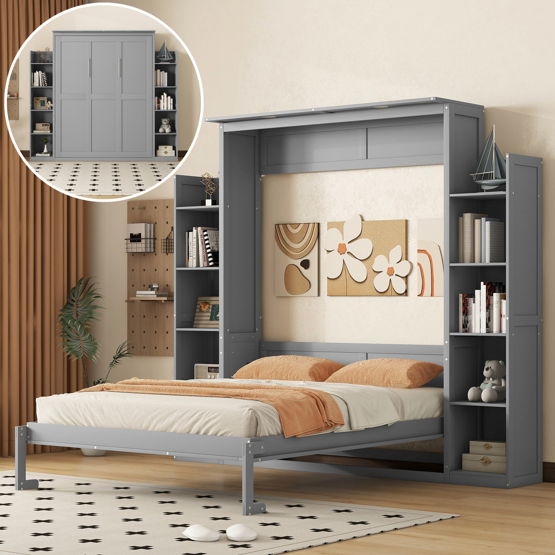 Queen Size Murphy Bed Wall Bed With Shelves And Led Lights,Gray Gray Solid Wood Mdf