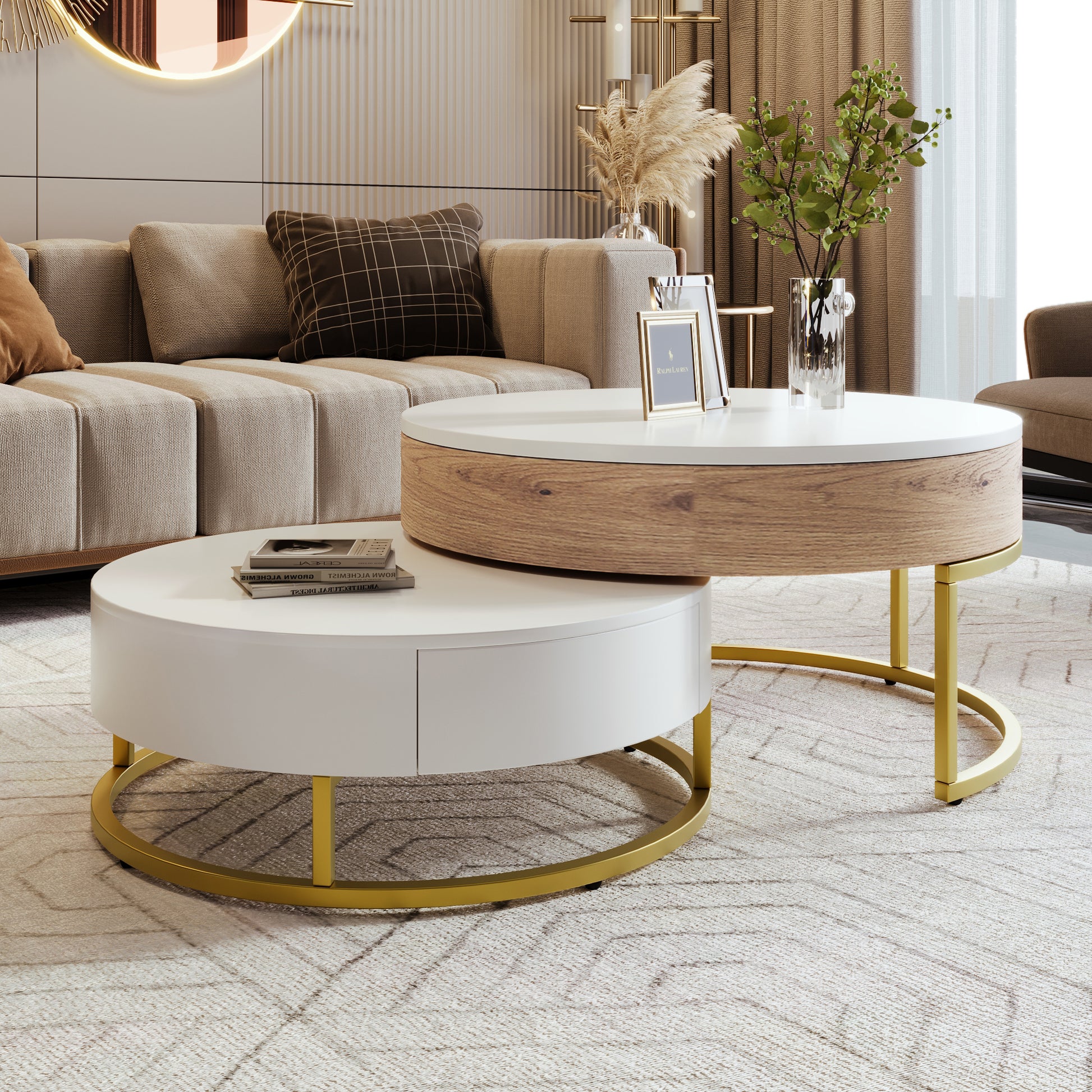 Modern Round Lift Top Nesting Coffee Tables With 2 Drawers White & Natural Oak Natural Wood Antique White Mdf