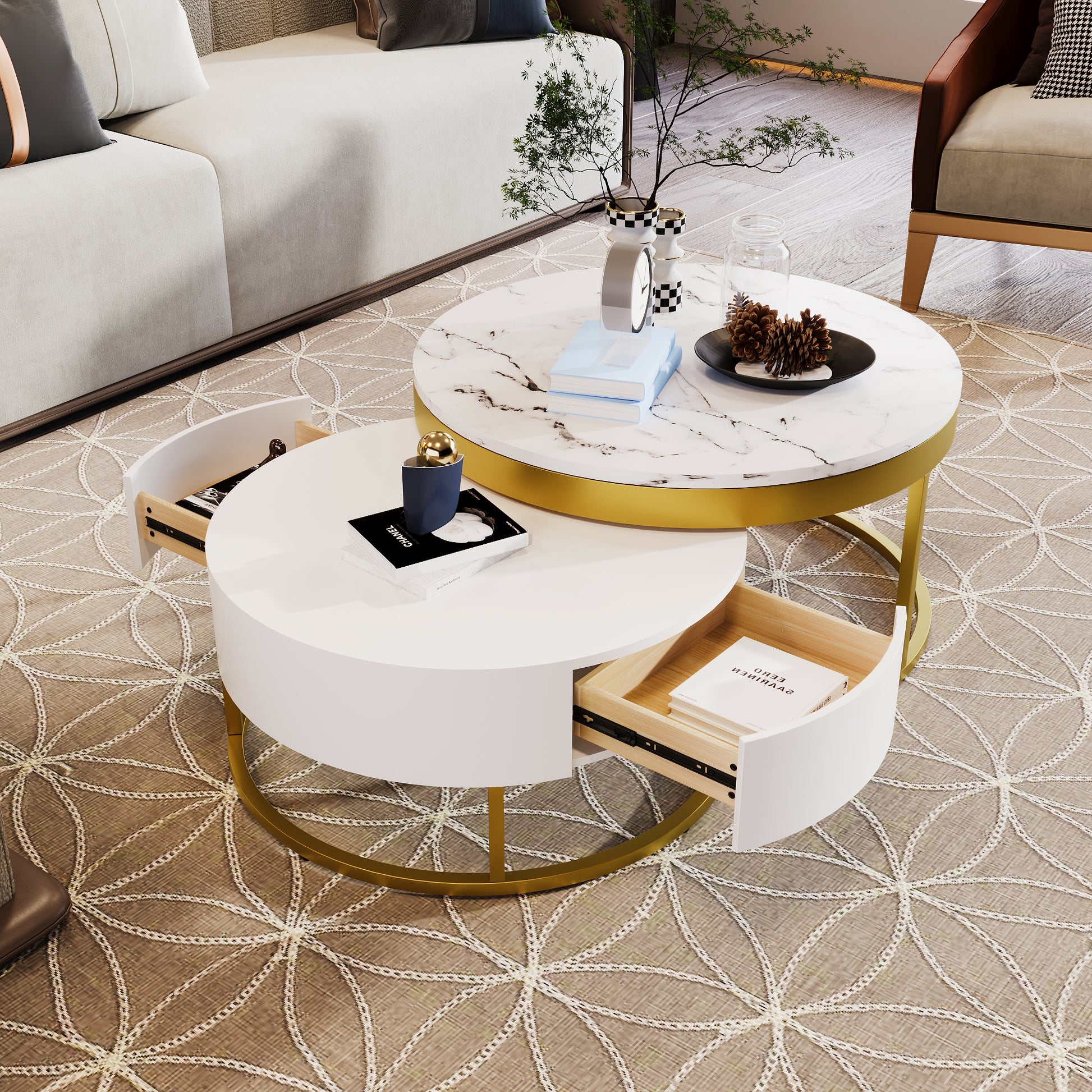 Modern Round Nesting Coffee Table With Drawers In White Golden White Mdf