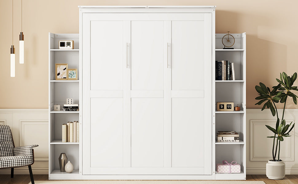 Queen Size Murphy Bed Wall Bed With Shelves And Led Lights,White White Solid Wood Mdf