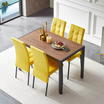 5 Piece Dining Set Including Yellow Velvet High Back Nordic Dining Chair & Creative Design Mdf Dining Table Metal Yellow Seats 4 Brown Metal Dining Room 4 Leg Square Dining Table With Chair Mdf