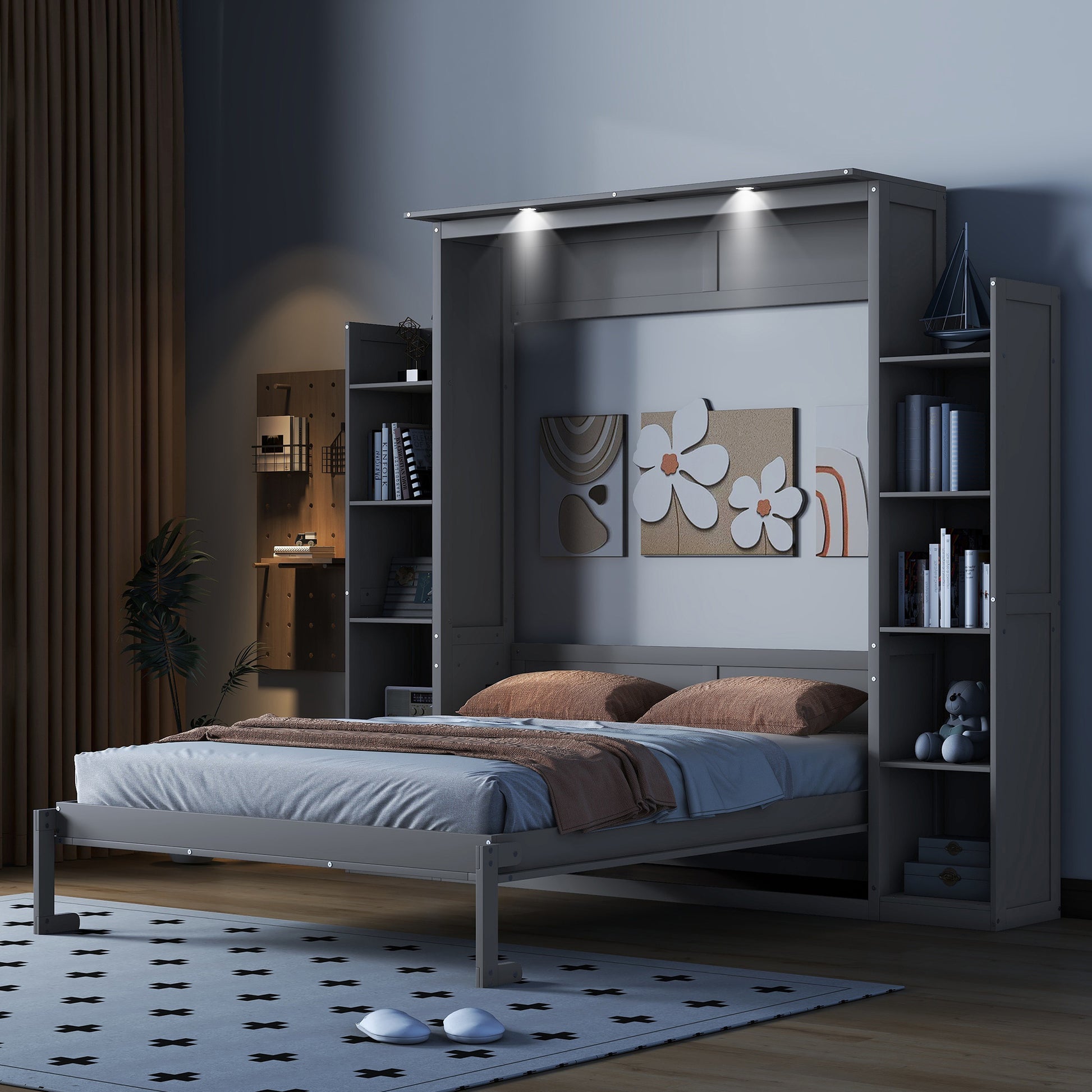 Queen Size Murphy Bed Wall Bed With Shelves And Led Lights,Gray Gray Solid Wood Mdf