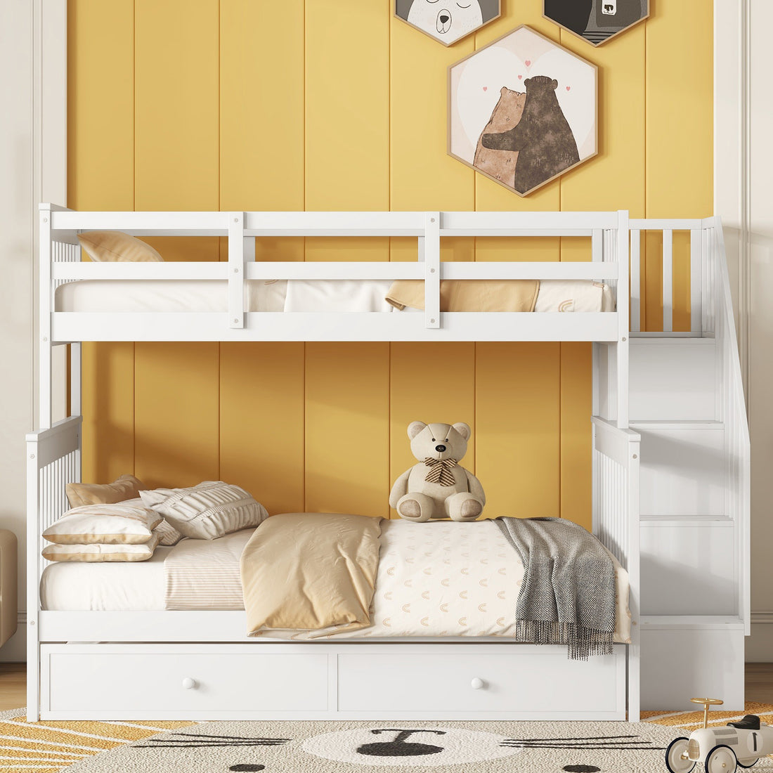 Twin Over Full Bunk Bed With Twin Size Trundle, Storage And Guard Rail For Bedroom, Dorm, For Adults, White Old Sku :Lt000119Aak Twin White Solid Wood