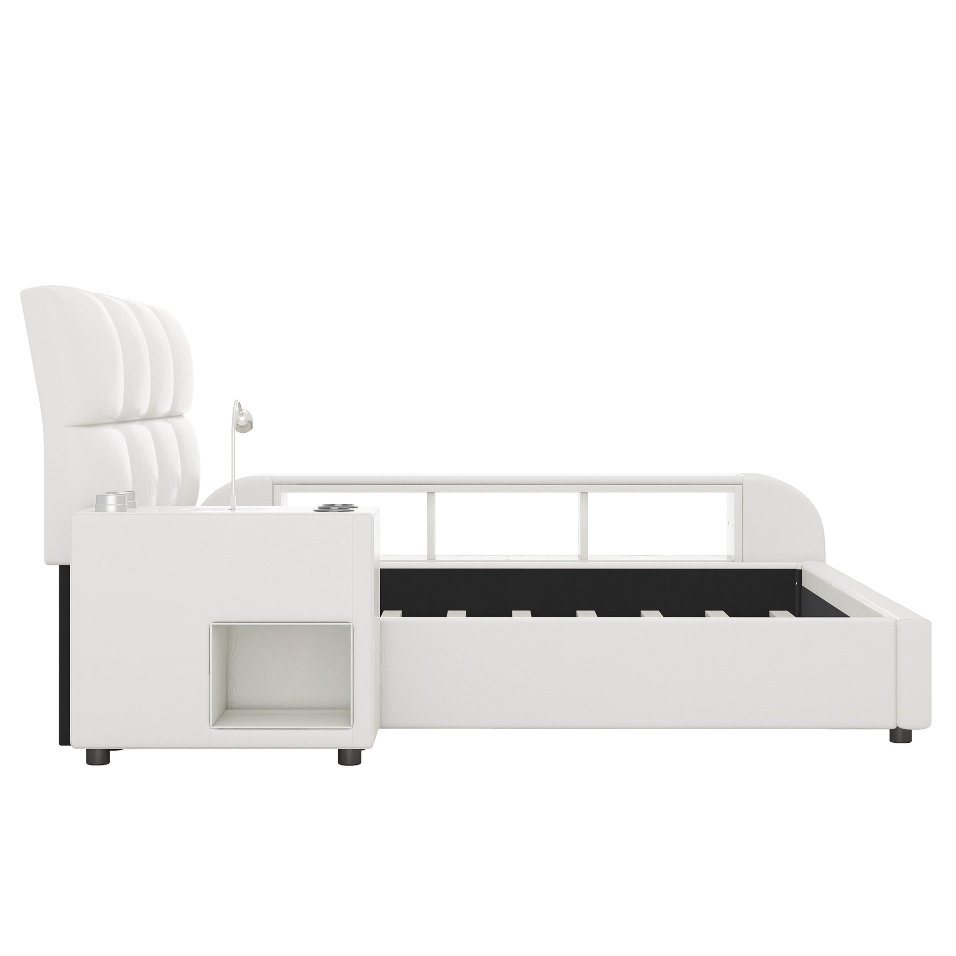 Queen Size Upholstered Platform Bed With Multimedia Nightstand And Storage Shelves, White Box Spring Not Required Queen White Wood Bedroom Bed Frame Faux Leather Upholstered