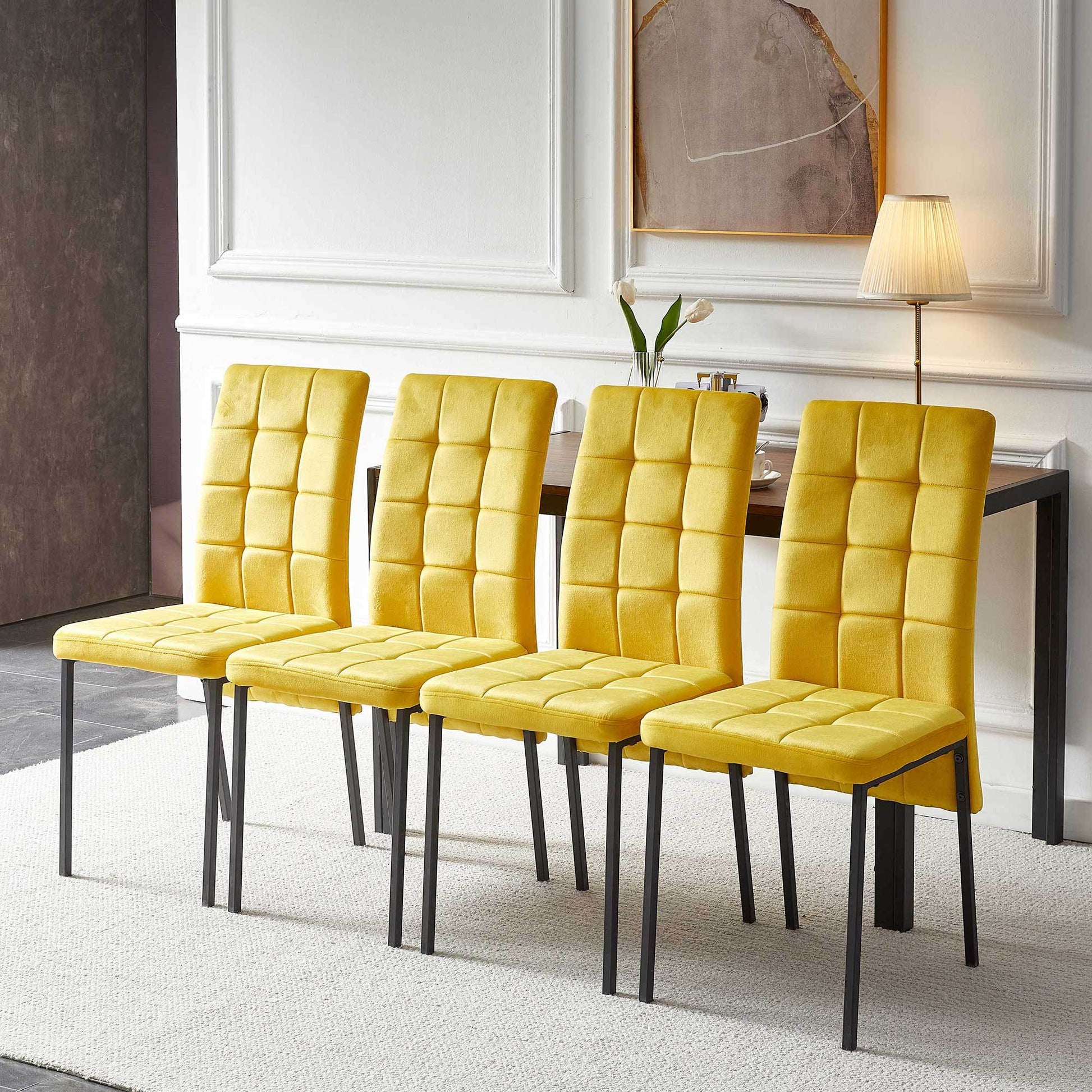 5 Piece Dining Set Including Yellow Velvet High Back Nordic Dining Chair & Creative Design Mdf Dining Table Metal Yellow Seats 4 Brown Metal Dining Room 4 Leg Square Dining Table With Chair Mdf