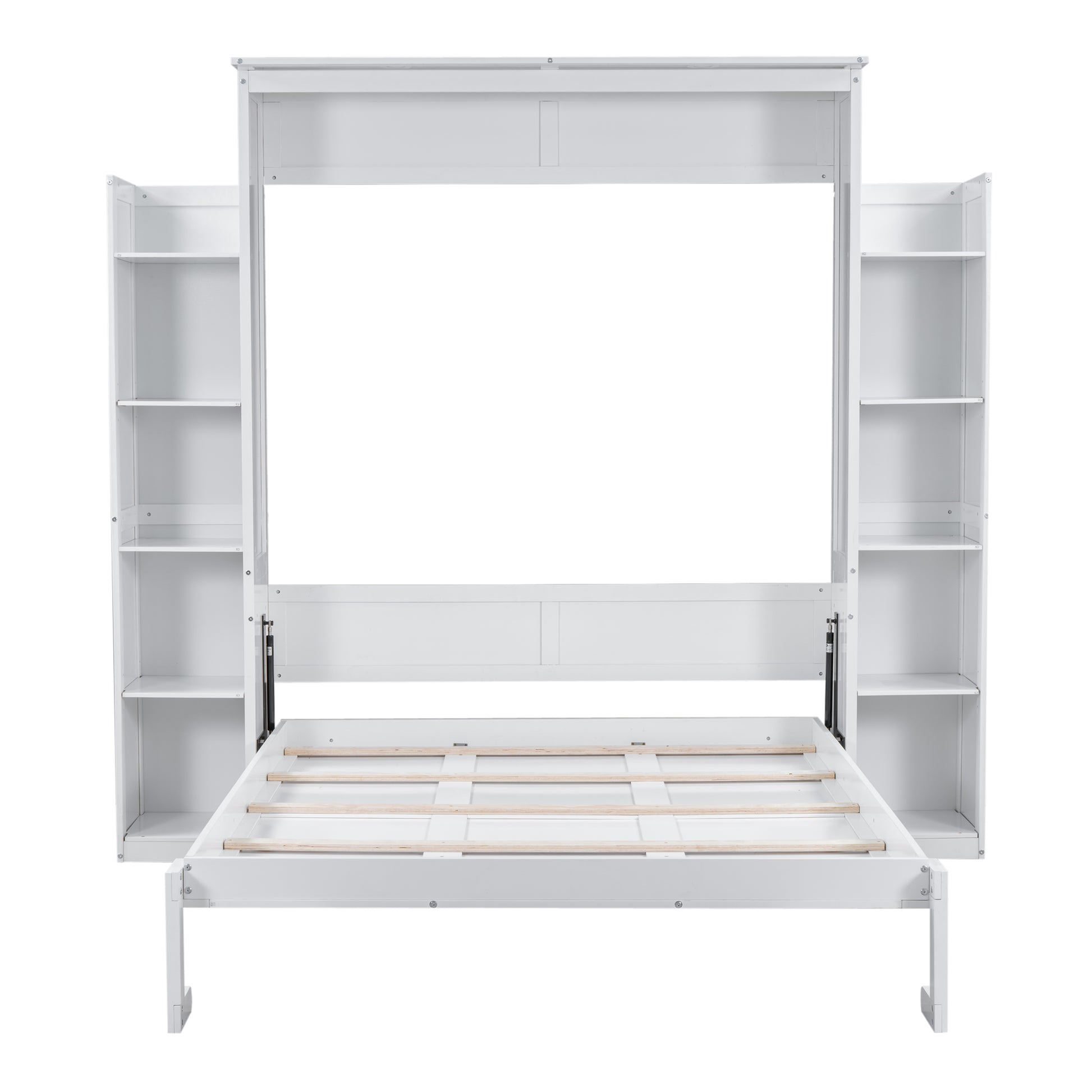 Queen Size Murphy Bed Wall Bed With Shelves And Led Lights,White White Solid Wood Mdf