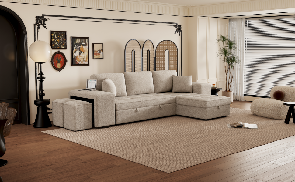 104.5" Modern L Shape 3 Seat Reversible Sectional Couch, Pull Out Sleeper Sofa With Storage Chaise And 2 Stools For Living Room Furniture Set, Cream Cream Foam Chenille 3 Seat