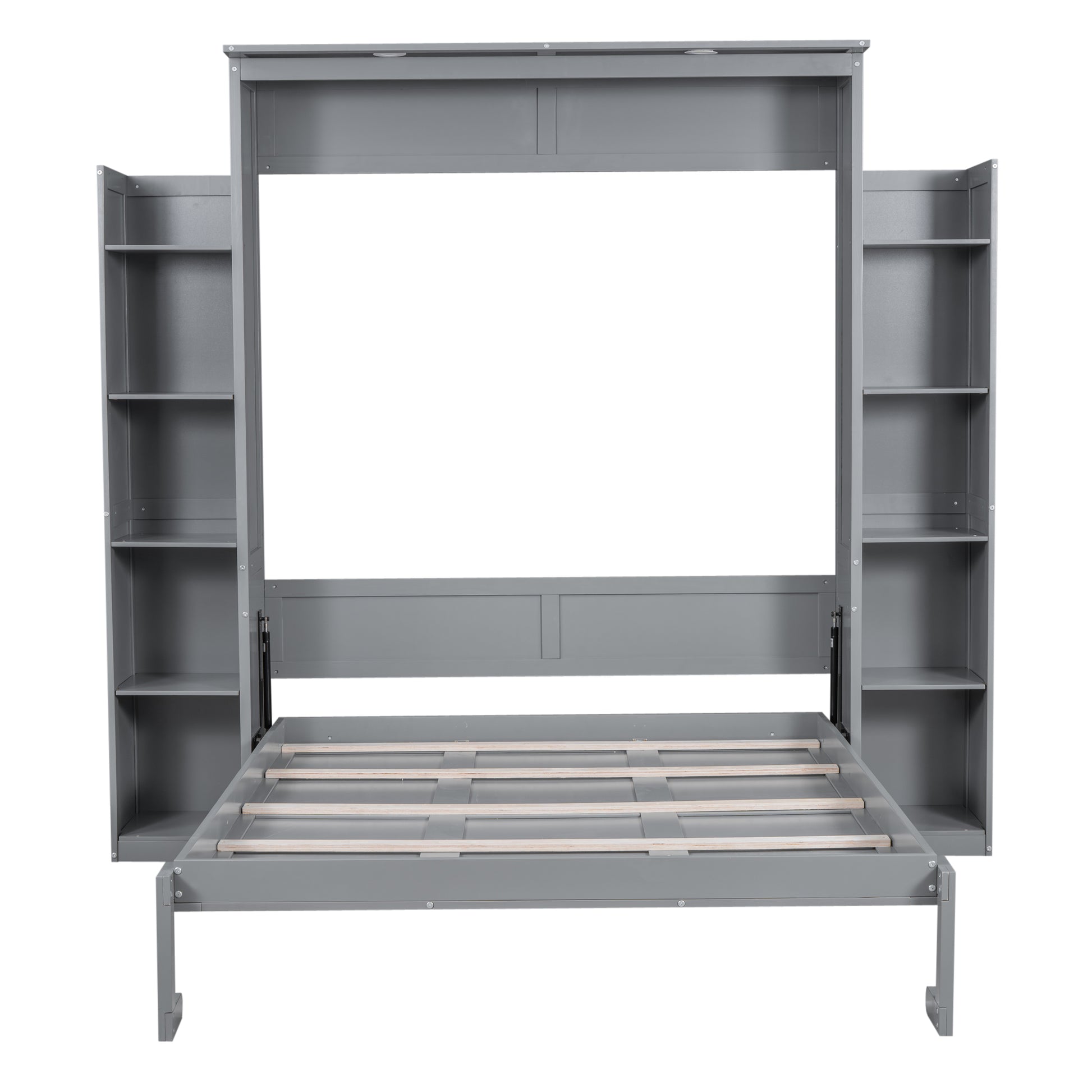 Queen Size Murphy Bed Wall Bed With Shelves And Led Lights,Gray Gray Solid Wood Mdf