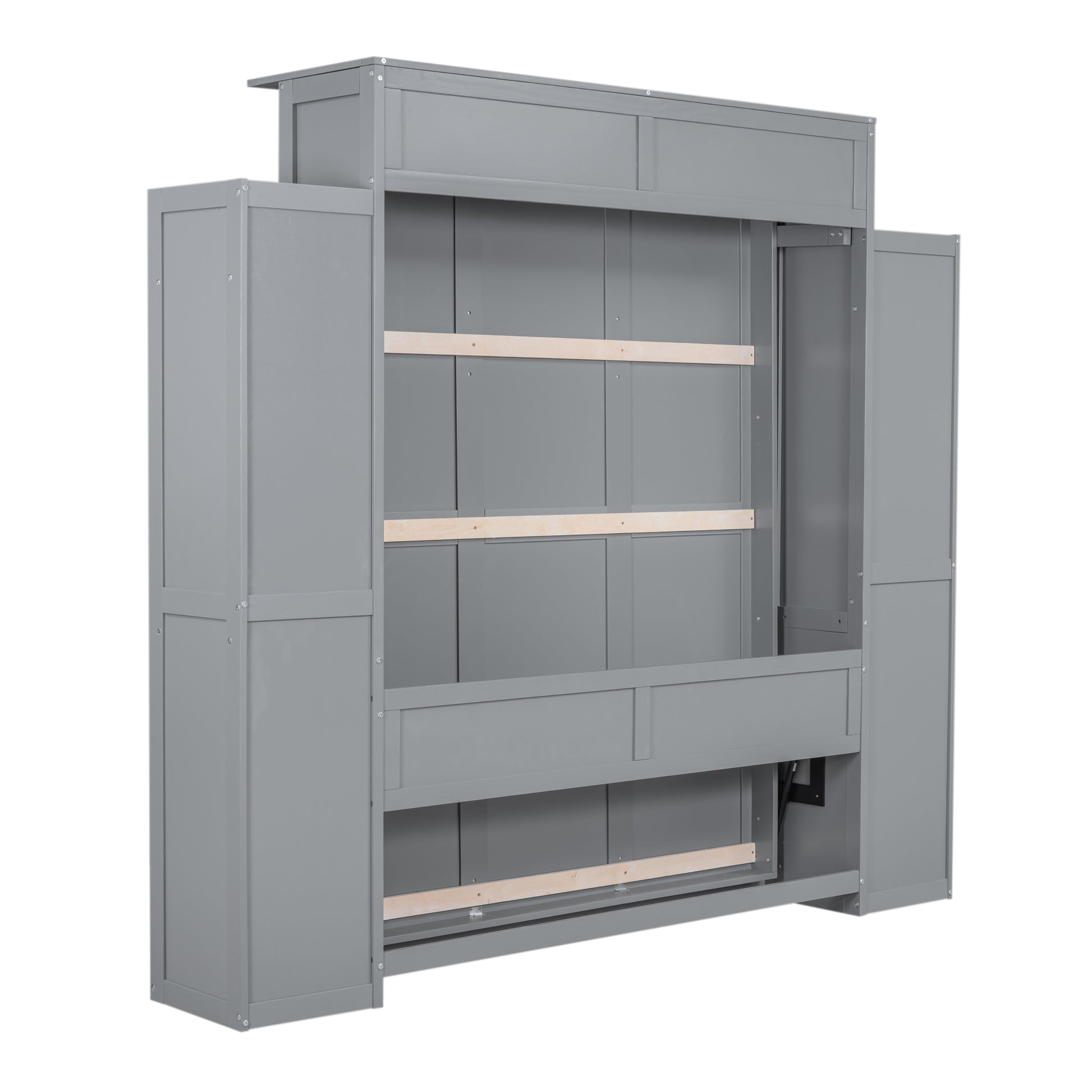 Queen Size Murphy Bed Wall Bed With Shelves And Led Lights,Gray Gray Solid Wood Mdf