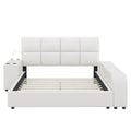 Queen Size Upholstered Platform Bed With Multimedia Nightstand And Storage Shelves, White Box Spring Not Required Queen White Wood Bedroom Bed Frame Faux Leather Upholstered