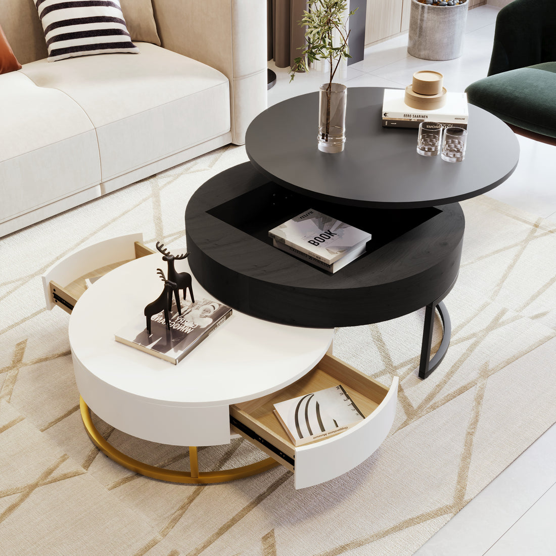 Modern Round Lift Top Nesting Coffee Tables With 2 Drawers White & Black White Black Mdf