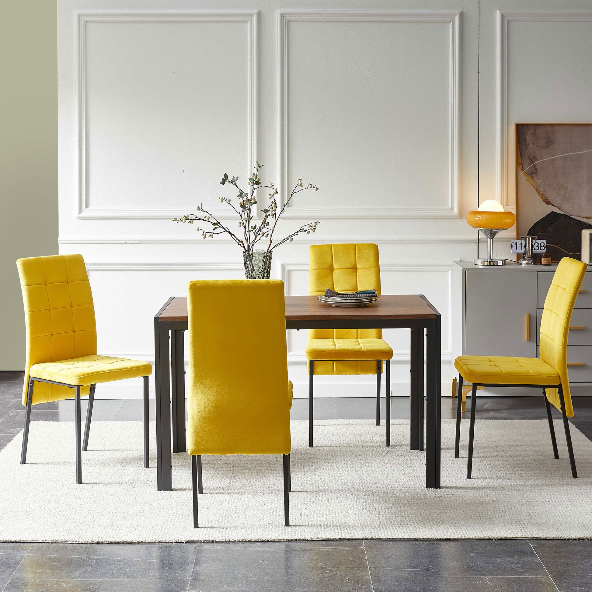 5 Piece Dining Set Including Yellow Velvet High Back Nordic Dining Chair & Creative Design Mdf Dining Table Metal Yellow Seats 4 Brown Metal Dining Room 4 Leg Square Dining Table With Chair Mdf