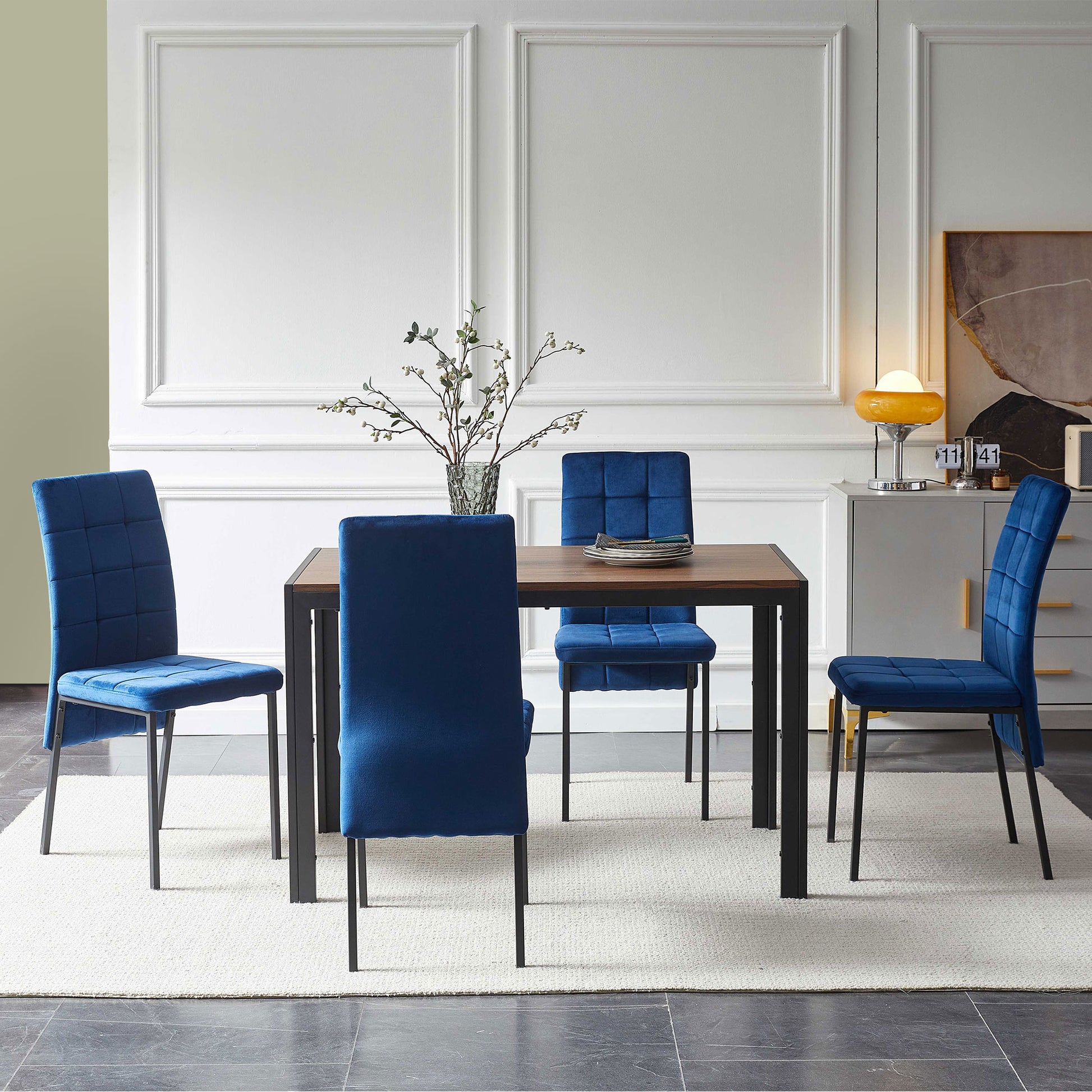 5 Piece Dining Set Including Blue Velvet High Back Nordic Dining Chair & Creative Design Mdf Dining Table Metal Blue Seats 4 Brown Metal Dining Room 4 Leg Square Dining Table With Chair Mdf