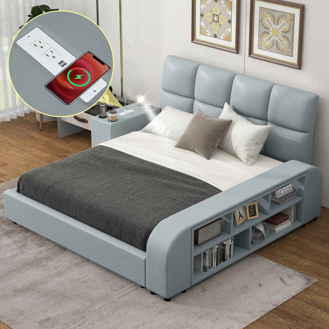 Queen Size Upholstered Platform Bed With Multimedia Nightstand And Storage Shelves, Gray Box Spring Not Required Queen Gray Wood Bedroom Bed Frame Faux Leather Upholstered