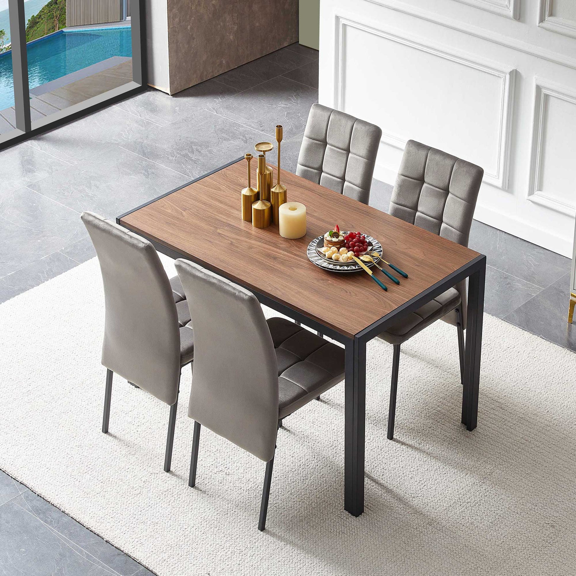 5 Piece Dining Set Including Grey Velvet High Back Nordic Dining Chair & Creative Design Mdf Dining Table Metal Grey Seats 4 Brown Metal Dining Room 4 Leg Square Dining Table With Chair Mdf