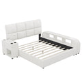 Queen Size Upholstered Platform Bed With Multimedia Nightstand And Storage Shelves, White Box Spring Not Required Queen White Wood Bedroom Bed Frame Faux Leather Upholstered