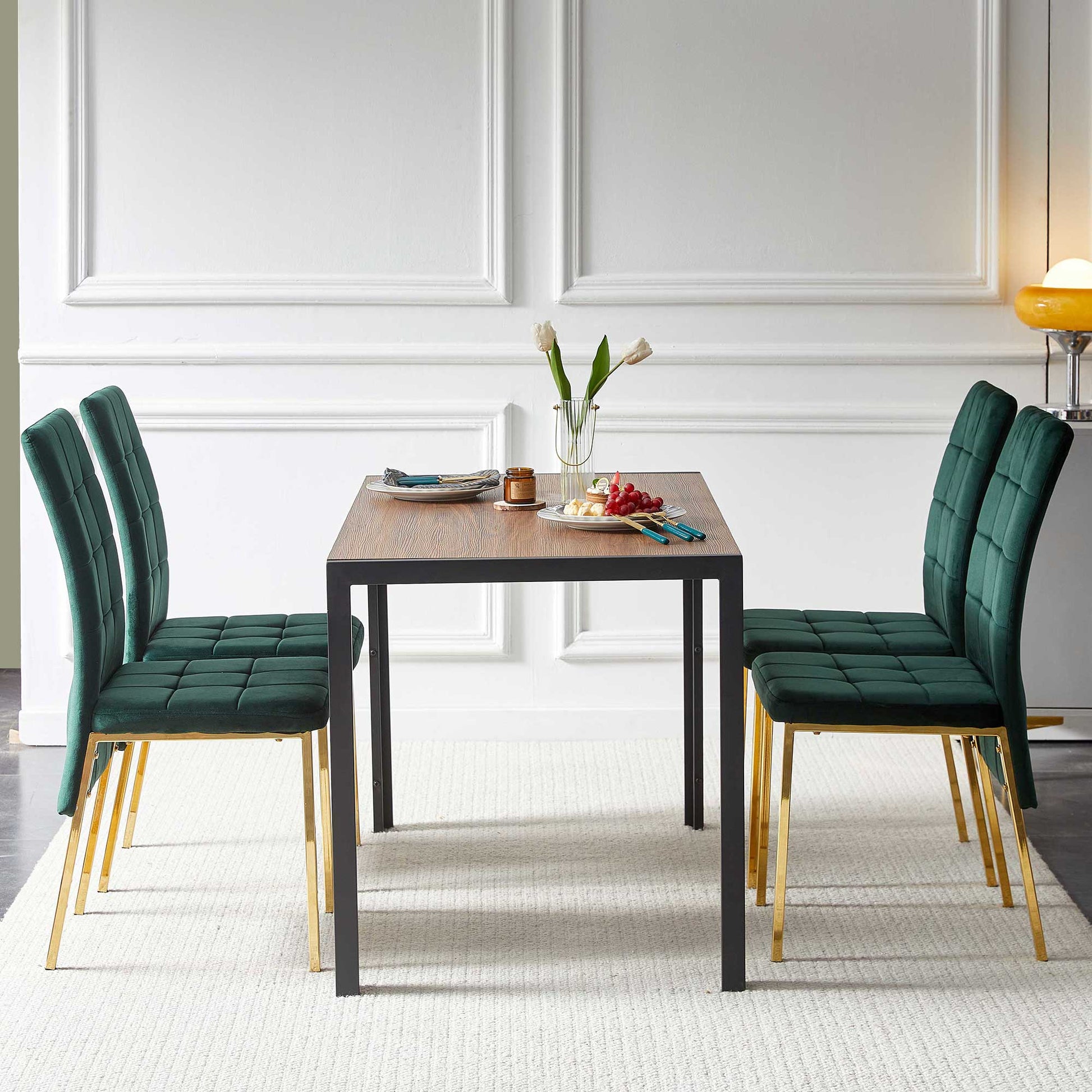 5 Piece Dining Set Including Green Velvet High Back Golden Color Legs Nordic Dining Chair & Creative Design Mdf Dining Table Metal Green Seats 4 Brown Metal Dining Room 4 Leg Square Dining Table With Chair Mdf