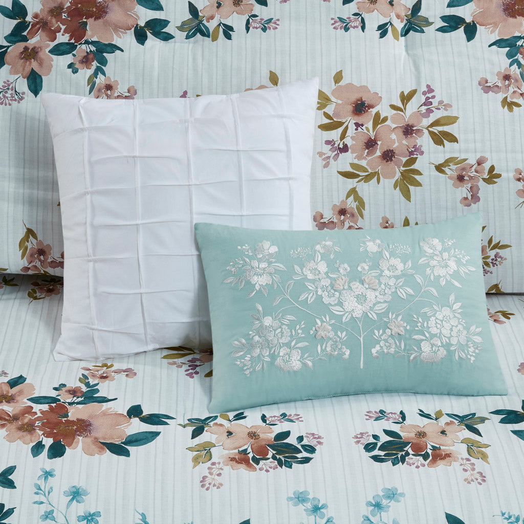 5 Piece Cotton Floral Comforter Set With Throw Pillows Teal Cotton