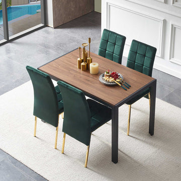 5 Piece Dining Set Including Green Velvet High Back Golden Color Legs Nordic Dining Chair & Creative Design Mdf Dining Table Metal Green Seats 4 Brown Metal Dining Room 4 Leg Square Dining Table With Chair Mdf