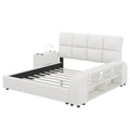 Queen Size Upholstered Platform Bed With Multimedia Nightstand And Storage Shelves, White Box Spring Not Required Queen White Wood Bedroom Bed Frame Faux Leather Upholstered