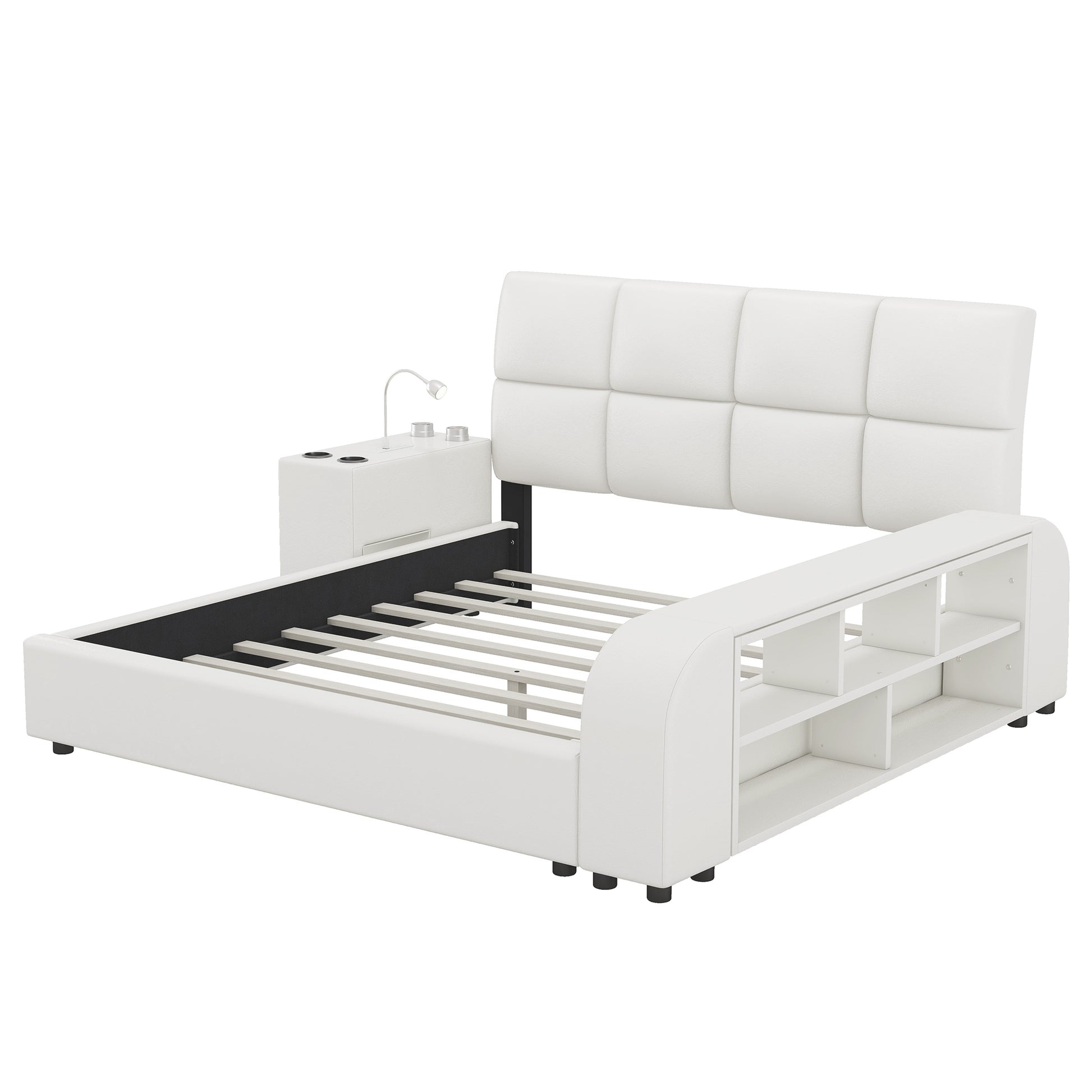 Queen Size Upholstered Platform Bed With Multimedia Nightstand And Storage Shelves, White Box Spring Not Required Queen White Wood Bedroom Bed Frame Faux Leather Upholstered