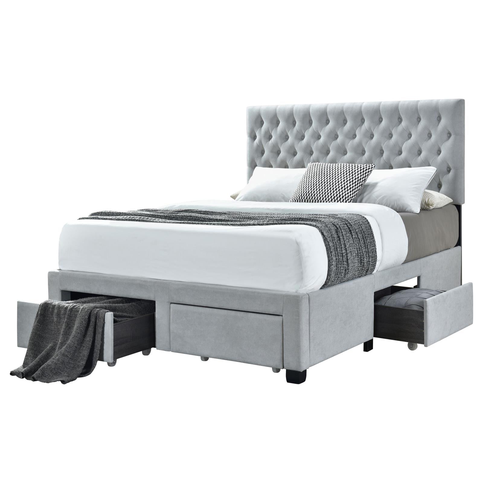Light Grey Tufted 4 Drawer Queen Storage Bed Box Spring Not Required Queen Grey Wood Bedroom Glam Rubberwood Storage Included Foam Polyester Fabric