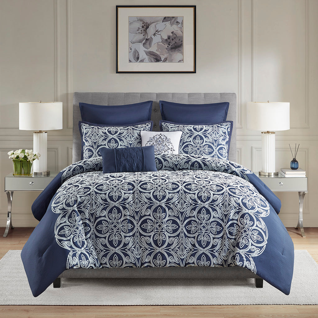 7 Piece Flocking Comforter Set With Euro Shams And Throw Pillows Navy Polyester