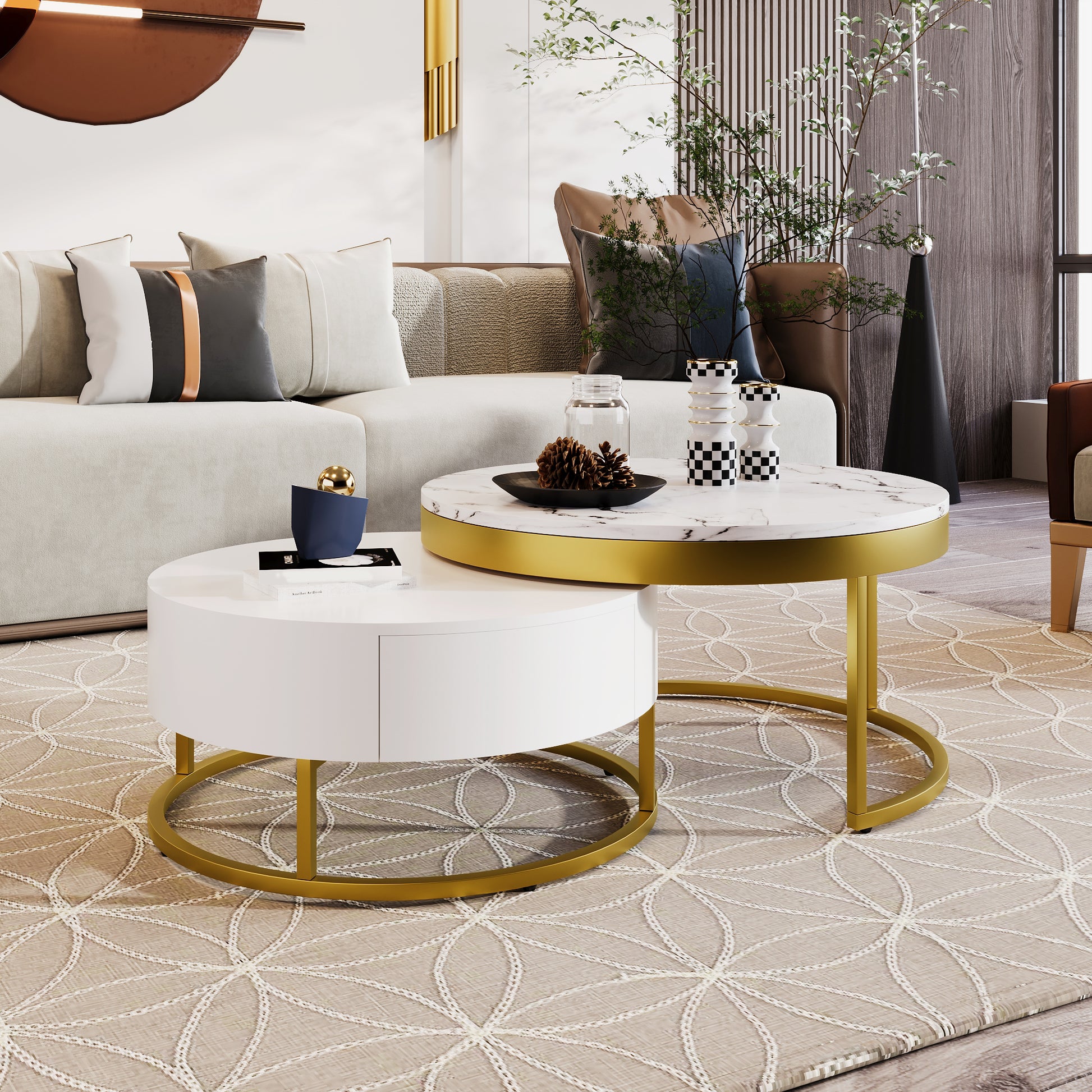 Modern Round Nesting Coffee Table With Drawers In White Golden White Mdf